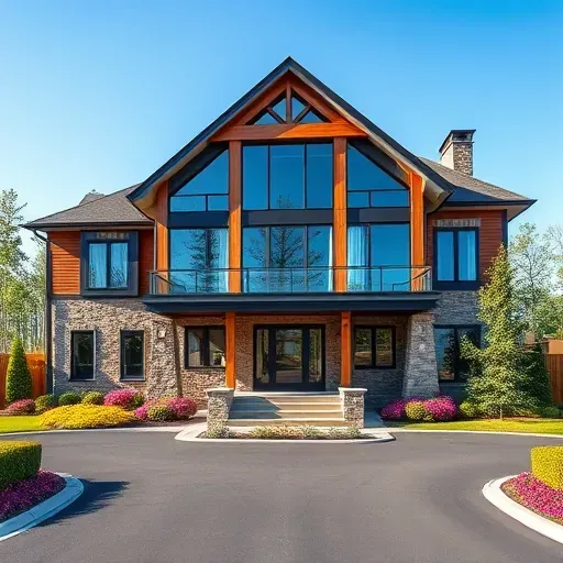 Modern residential exterior in Laurel Springs NJ with stone, wood accents, large windows, and elegant landscaping.