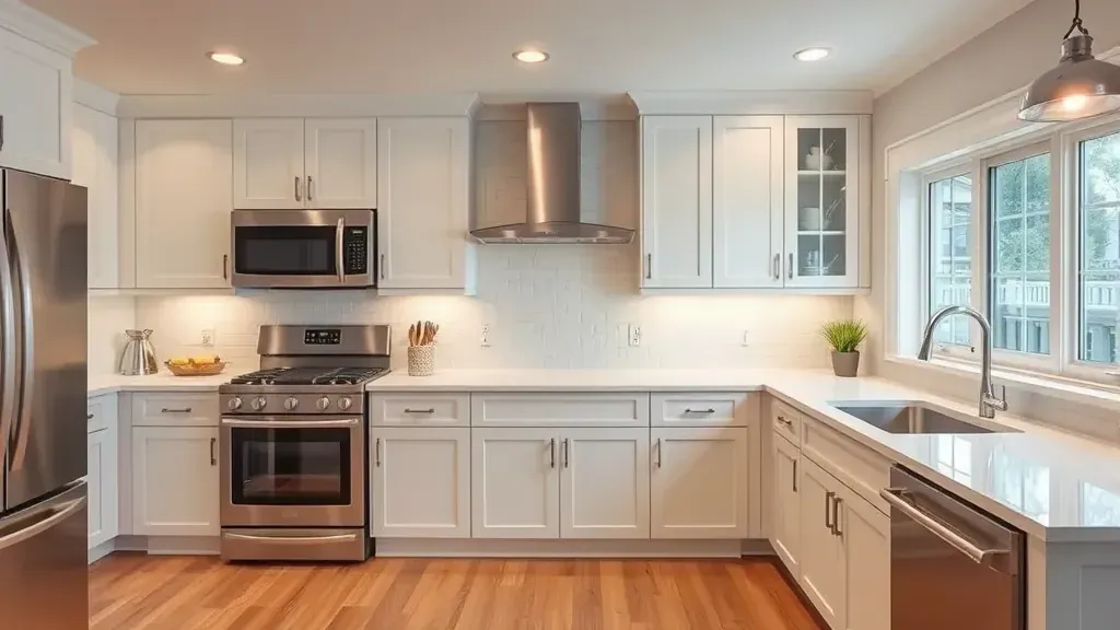 Modern renovated kitchen in Blackwood NJ with matte cabinets, stainless steel appliances, granite counters, subway tile backsplash, hardwood floors, and natural light