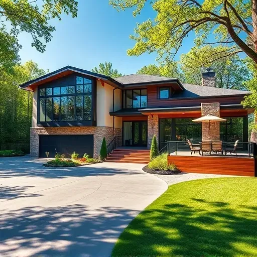 Modern residential home in Laurel Springs NJ with large windows, stone and timber accents, vibrant landscaping, and outdoor deck.