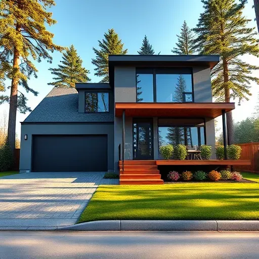 Completed modern home in Maple Shade, NJ with sleek design, large windows, lush yard, and elegant porch furniture.