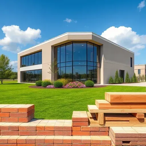Modern building in Berlin NJ with glass windows, gardens, construction materials, and clear blue sky backdrop.
