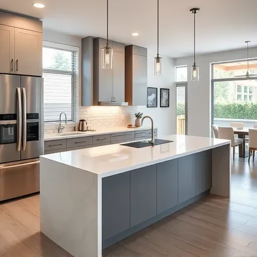 Recently remodeled Gloucester Township NJ kitchen with sleek matte cabinets, quartz island, stainless-steel appliances, subway tile backsplash, and ample natural light