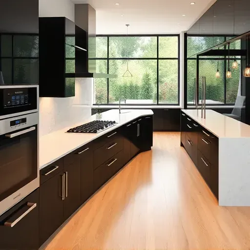 Renovated kitchen in Blackwood NJ with sleek black cabinetry, spacious quartz island, modern appliances, and natural light.
