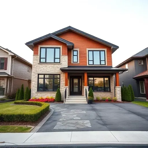 Modern residential home in Mount Laurel NJ with stone and wood exterior, landscaped yard, and stylish driveway.