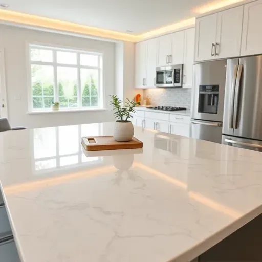 Newly replaced black quartz kitchen countertop in a modern white kitchen with stainless steel appliances and natural light