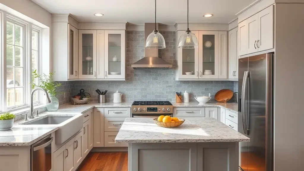 Modern blackwood U-shaped kitchen with sleek cabinetry, granite countertops, stainless steel appliances, and large windows