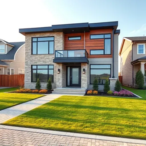 Completed modern two-story home in Mantua NJ features stone and wood details, glass windows, and landscaped gardens.