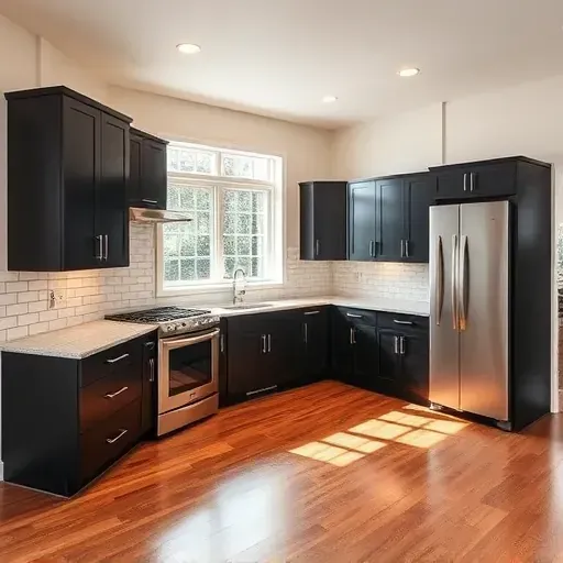 Remodeled farmhouse kitchen in Blackwood NJ with a central granite island, rustic cabinetry, stainless steel appliances, and natural light