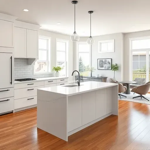 Modern Blackwood NJ kitchen with white cabinetry, polished quartz countertops, herringbone backsplash, and warm hardwood floors.
