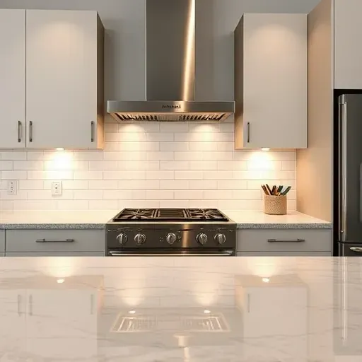 Modern upscale kitchen with glossy herringbone subway tile backsplash, granite countertop, stainless steel appliances, and minimalist cabinetry