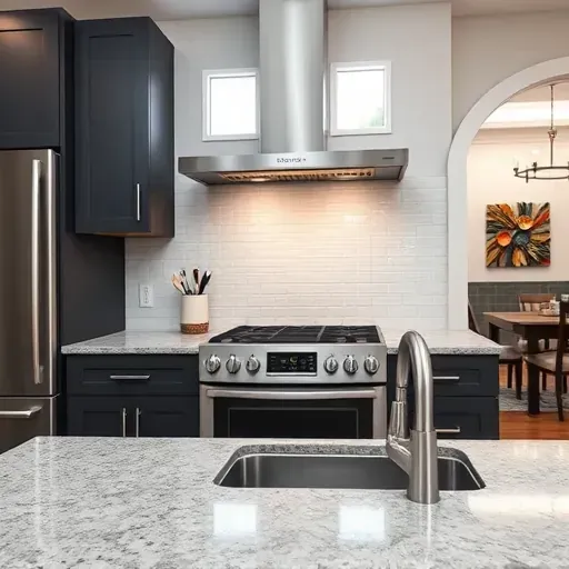 Finished white subway tile backsplash in modern kitchen with dark gray cabinets and stainless appliances