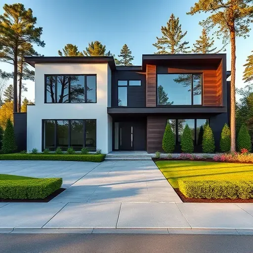 Modern residential home in Berlin Township NJ features stylish white stucco and dark wood accents with lush landscaping.