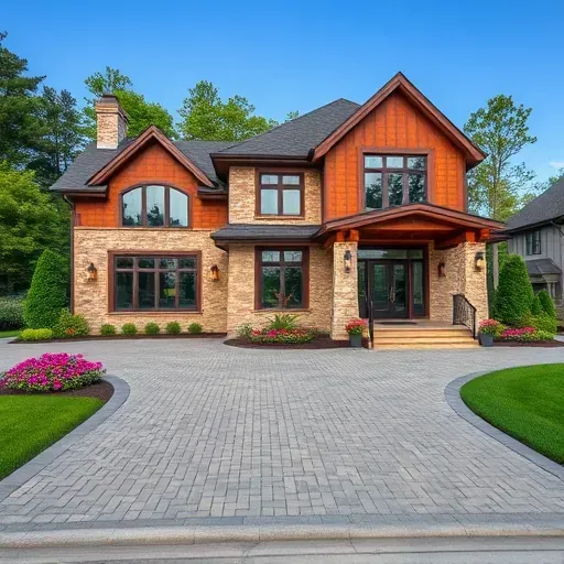Modern residential home in Barrington NJ with stone and wood, large windows, manicured landscaping, and serene backdrop.