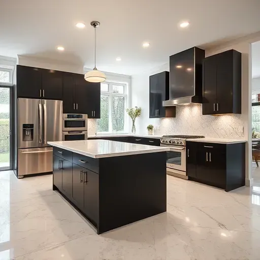Open-concept Blackwood NJ kitchen remodel with stainless steel appliances marble island modern lighting and hardwood floors