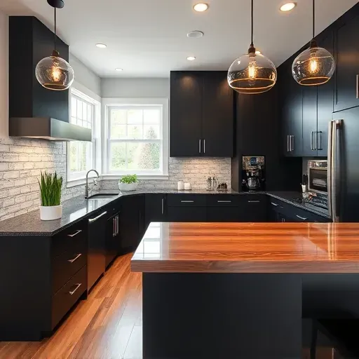 Newly remodeled Blackwood NJ kitchen with granite countertops, matte black cabinetry, and stylish appliances under natural light.