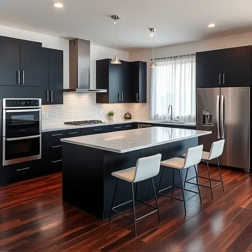 Remodeled Blackwood NJ kitchen with matte black cabinets, quartz countertops, stainless steel appliances, marble island, dark hardwood floors, and natural light.