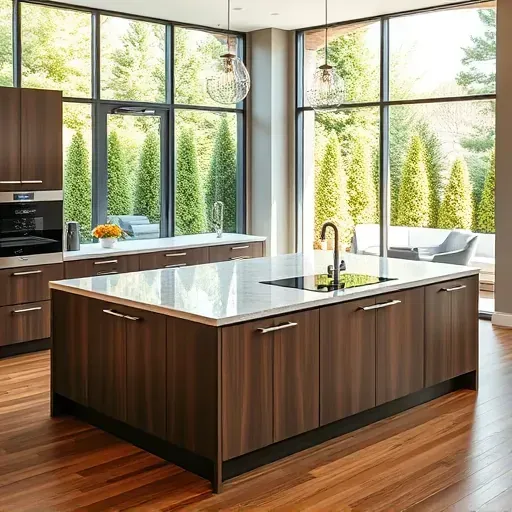 Completed modern kitchen island with marble countertop, dark wood cabinets, built-in appliances, and lush backyard view