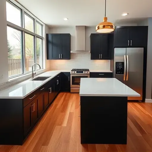 Freshly remodeled modern kitchen in Blackwood NJ with matte black cabinetry, quartz island, and stainless steel appliances.