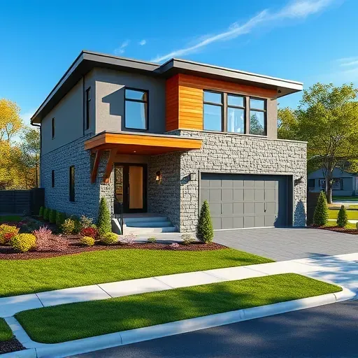 Completed modern two-story home in Berlin NJ with gray stone, wood accents, landscaped yard, and inviting atmosphere.