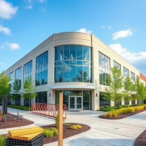 Completed commercial building by a General Contractor in Palmyra, NJ with modern architecture and lush surroundings.