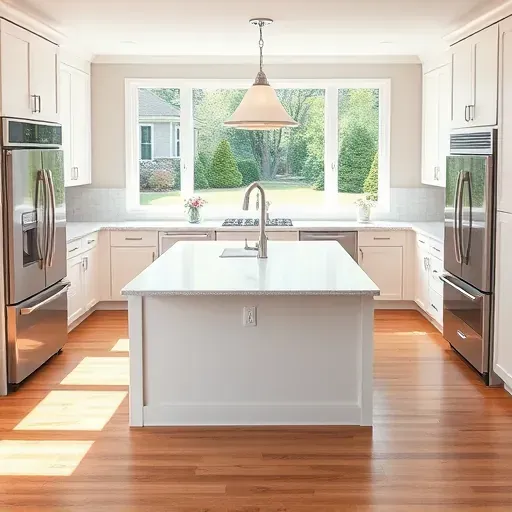 Remodeled U-shaped kitchen in Blackwood NJ with black granite countertops stainless steel appliances white cabinetry hardwood flooring and natural light