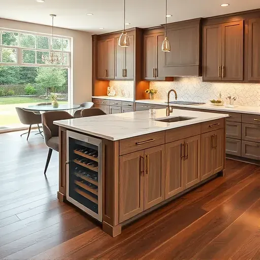 Modern upscale kitchen in Blackwood NJ featuring a wooden island with marble countertop, built-in appliances, and warm lighting