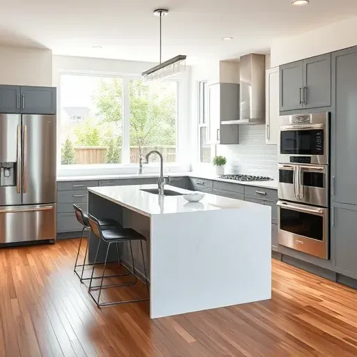 Completed kitchen renovation in Blackwood NJ with modern gray and white cabinetry, polished quartz countertops, and stainless appliances.
