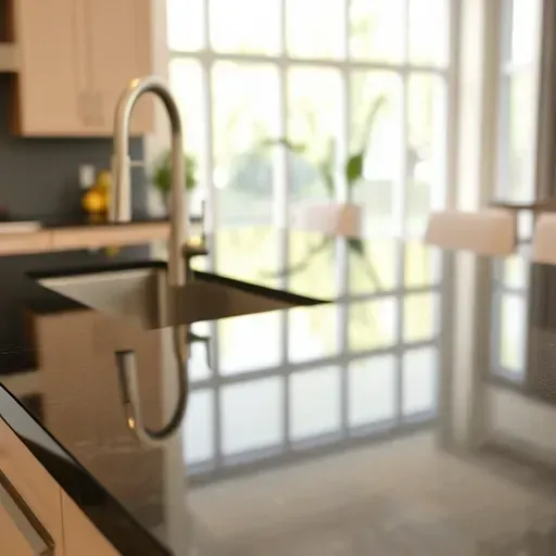 Close-up of a sleek black granite kitchen countertop with natural veining, stainless steel fixtures, modern cabinetry, and bright natural lighting