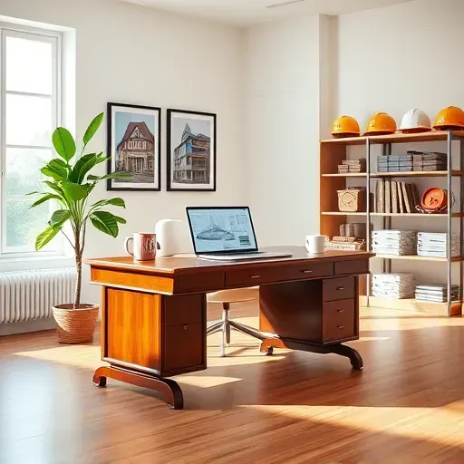 General Contractor's office in Woodbury NJ with organized workspace, elegant mahogany desk, and framed project photos.