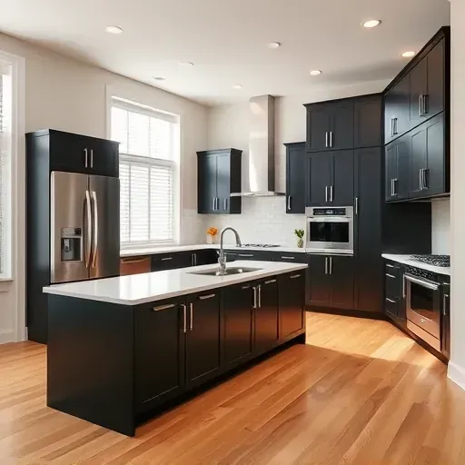 Modern Blackwood NJ kitchen remodel features matte black cabinetry, quartz countertops, and stainless steel appliances.
