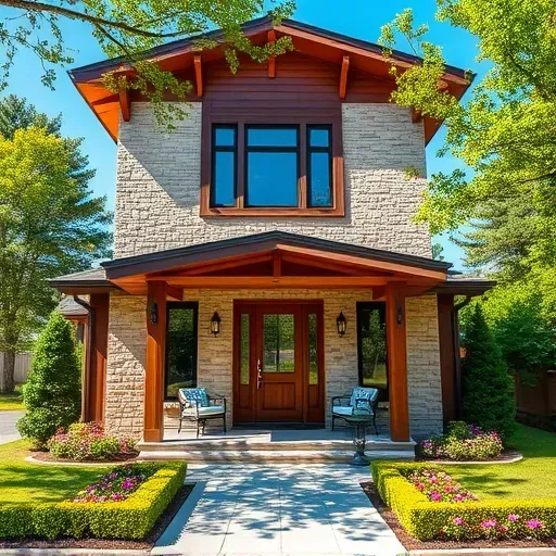 Modern two-story home in Blackwood NJ with stone and wood facade, vibrant landscaping, and inviting porch furniture.