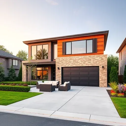 Completed modern residential home in Oaklyn NJ featuring stone and wood design, large windows, and lush landscaping.