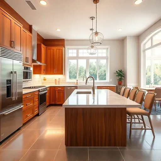 A modern Blackwood NJ kitchen remodel featuring warm wood cabinetry, stainless steel appliances, and marble island with elegant lighting.