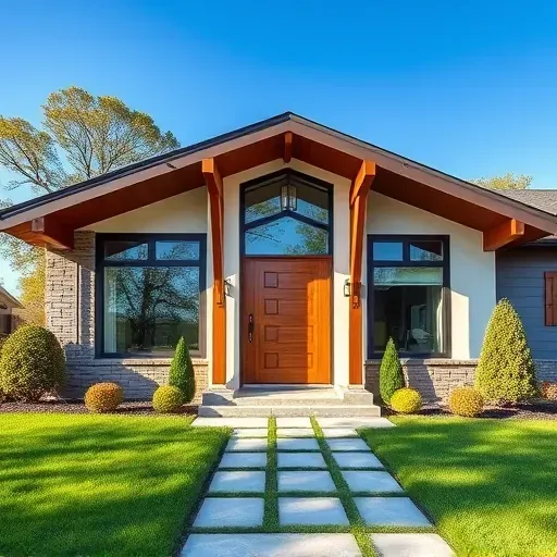 Modern residential home in Palmyra NJ featuring elegant beams, glass windows, manicured lawn, and stylish entrance.