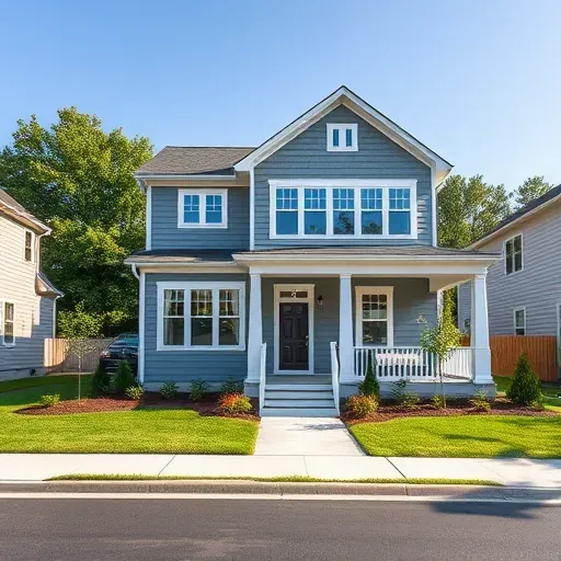 New construction in Laurel Springs, NJ features energy-efficient windows, stylish porch, lush landscaping, and clear skies.