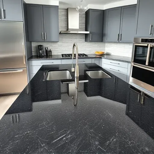 Blackwood NJ modern kitchen with polished charcoal granite countertops, matte gray cabinets, stainless appliances, and subtle backsplash