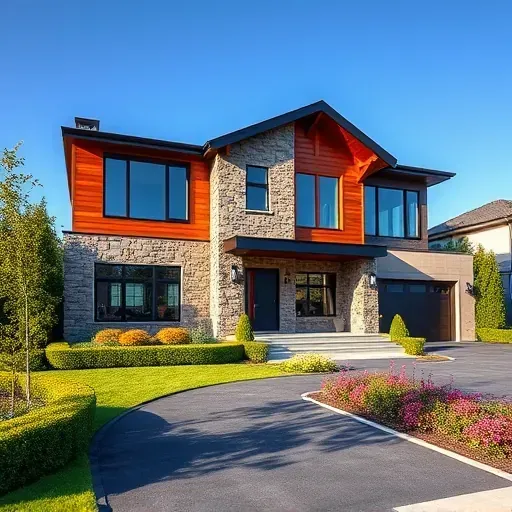 Modern residential home in Monroe Township, NJ, featuring sleek wood, stone accents, large windows, and landscaped yard.