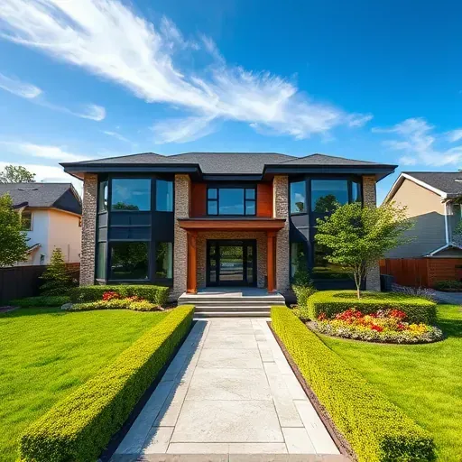 Modern residential home in Moorestown NJ with natural stone, wood accents, and landscaped yard featuring vibrant flowers.