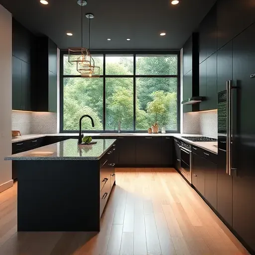 Recently renovated modern open-concept kitchen in Blackwood NJ with navy blue cabinets, gray quartz island, stainless appliances, and hardwood floors