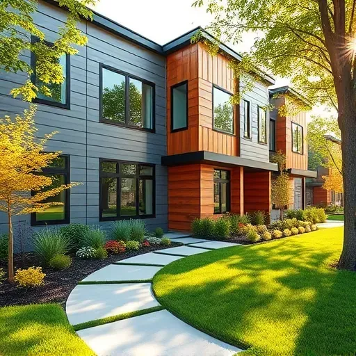 Completed modern residential building in Pennsauken NJ featuring gray siding, wood accents, and vibrant landscaping.