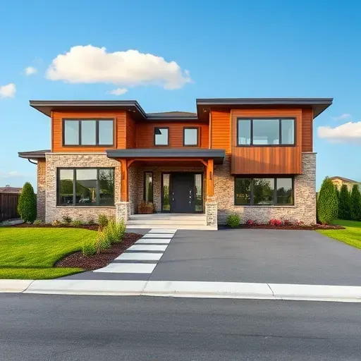 Modern single-family home in Sewell NJ with sleek wood and stone façade, landscaped yard, and vibrant greenery.