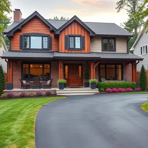 Modern Stratford NJ home showcases brick and wood exterior, energy-efficient windows, manicured landscaping, serene setting.