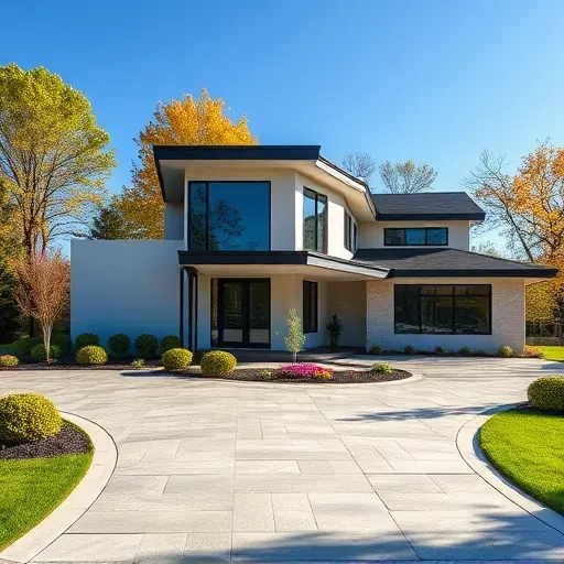 Completed modern home in Pine Hill NJ showcasing large windows, elegant landscaping, and seasonal trees under a blue sky.