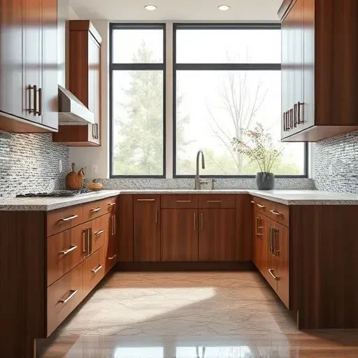 Refaced modern kitchen cabinets with wood grain finish, granite countertops, mosaic backsplash, brushed nickel hardware, natural light setting