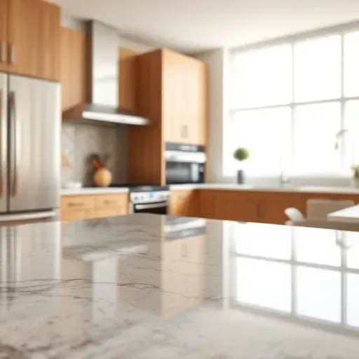 Freshly replaced granite kitchen countertop with gray and black veining in a modern upscale kitchen with stainless steel appliances and warm wood cabinets
