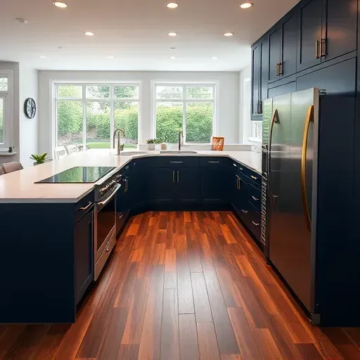 Modern Blackwood NJ kitchen remodel featuring navy cabinetry, quartz countertops, and stylish stainless appliances.