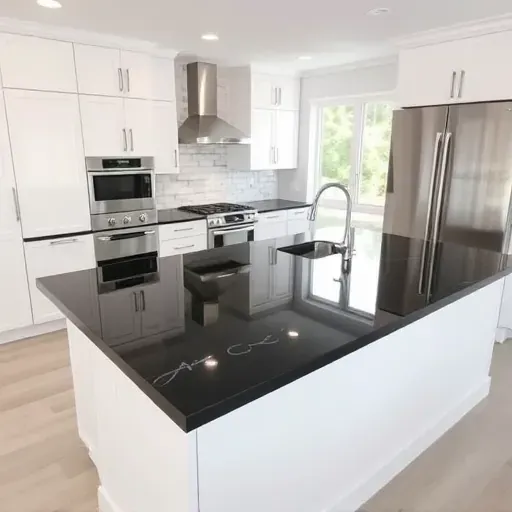 Eco-friendly Blackwood NJ kitchen with reclaimed wood cabinetry, energy-efficient appliances, recycled glass countertops, bamboo flooring, and large natural-lit windows