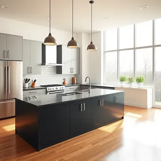 Remodeled farmhouse kitchen in Blackwood NJ featuring a central butcher-block island, stainless steel appliances, shaker cabinets, subway tile backsplash, and lush outdoor view