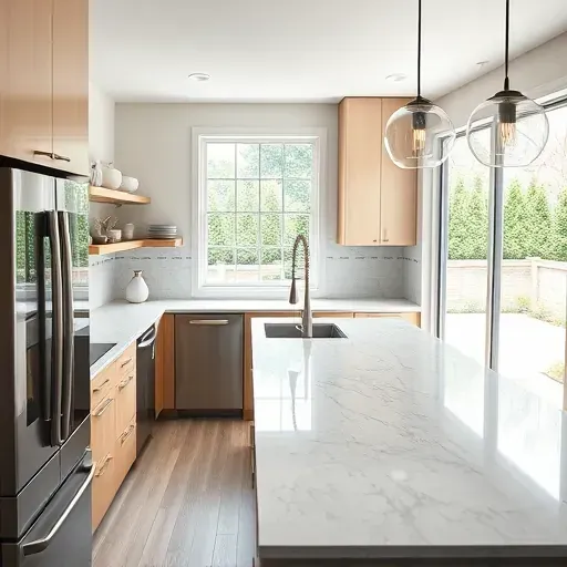 Remodeled kitchen in Blackwood NJ with stone countertops, stainless appliances, central island, and natural light.