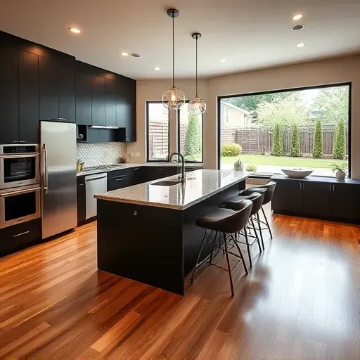 Modern updated kitchen with wiring panels, sleek circuit breakers, concealed wiring, stainless appliances, granite countertops, and natural light.